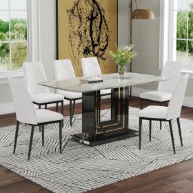 Modern Dining Table Set, 7-Piece Faux Marble Kitchen Table for 6-8, Glass Rectangular Dining Room Table with U-shaped Table Legs, Dining Table & 6 Cha