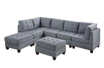 Contemporary Modular Sectional 7pc Set Living Room Furniture Corner L-Sectional Gray Linen Like Fabric Tufted Nail heads 2x Corner Wedge 3x Armless Ch