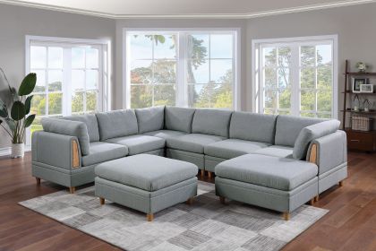 Living Room Furniture 8pc Sectional Sofa Set Light Grey Dorris Fabric Couch 3x Wedges 3x Armless Chair And 2x Ottomans