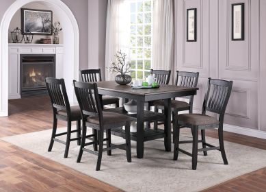 Transitional Dining Room 7pc Set Dark Coffee Rubberwood Counter Height Dining Table w 2x Shelfs and 6x High Chairs Fabric Upholstered seats Unique Bac