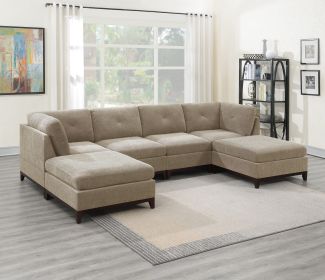 Camel Chenille Fabric Modular Sectional 6pc Set Living Room Furniture U-Sectional Couch 2x Corner Wedge 2x Armless Chairs and 2x Ottomans Tufted Back