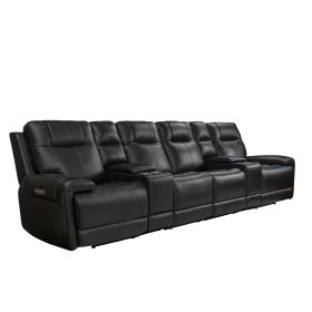 Trevor Triple 4 Seats Power Sofa With 2 Console ,Genuine Leather, Lumbar Support, Adjustable Headrest, USB & Type C Charge Port, Middle Armless Chair