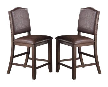 Classic Design Rustic Espresso Finish Faux Leather Set of 2pc High Chairs Dining Room Furniture Counter Height Chairs Foam Cushion Dining Room