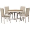 TREXM 5-Piece Farmhouse Dining Table Set Wood Round Extendable Dining Table and 4 Upholstered Dining Chairs (Oak Natural Wood + Antique White)