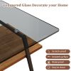 Rectangle Coffee Table, Tempered Glass Tabletop with Black Metal Legs, Modern Table for Living Room , Gray Glass