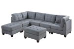 Contemporary Modular Sectional 7pc Set Living Room Furniture Corner L-Sectional Gray Linen Like Fabric Tufted Nail heads 2x Corner Wedge 3x Armless Ch