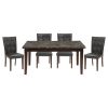 Dark Cherry Finish Wooden 5pc Dining Set Marble Top Table and 4 Side Chairs Dark Brown Faux Leather Upholstered Dining Kitchen Furniture Set