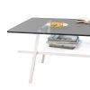 Rectangle Coffee Table, Tempered Glass Tabletop with White Metal Legs, Modern Table for Living Room , Gray Glass