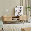 55.12" Rattan TV cabinet, double sliding doors for storage, adjustable shelf, solid wood legs, TV console for living room