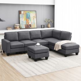 104.3*78.7" Modern L-shaped Sectional Sofa,7-seat Linen Fabric Couch Set with Chaise Lounge and Convertible Ottoman for Living Room,Apartment,Office,3 (Color: Dark Gray)