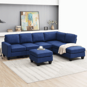 104.3*78.7" Modern L-shaped Sectional Sofa,7-seat Linen Fabric Couch Set with Chaise Lounge and Convertible Ottoman for Living Room,Apartment,Office,3 (Color: Blue)