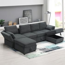 109*54.7" Chenille Modular Sectional Sofa,U Shaped Couch with Adjustable Armrests and Backrests,6 Seat Reversible Sofa Bed with Storage Seats for Livi (Color: Gray)