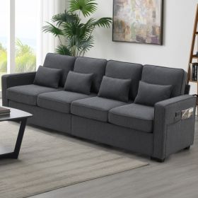 104" 4-Seater Modern Linen Fabric Sofa with Armrest Pockets and 4 Pillows,Minimalist Style Couch for Living Room, Apartment, Office,3 Colors (Color: Dark Gray)